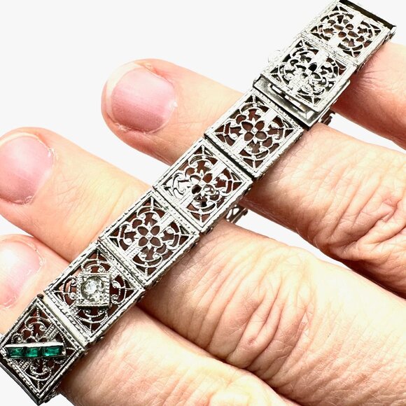 Vintage Art Deco Green And Clear Glass Stone Silver Bracelet 7 Inch Antique - Picture 6 of 6